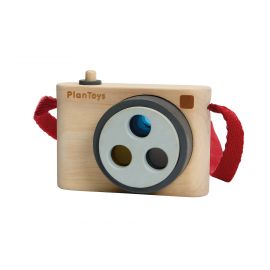 Houten camera met kleurlens