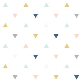 Behangpapier - Motief driehoekjes roze, mosterd & grijs