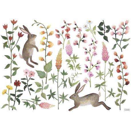 Muursticker L - Rabbits And Flowers